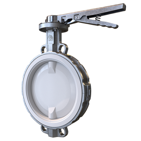 Артикул 222. Межфланцевый дисковый поворотный затвор из нерж. стали CF8M футерованный PTFE/PFA для химических сред